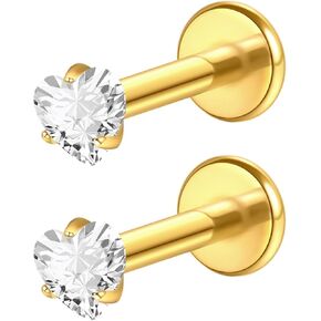 2Pcs 18G 16G G23 Titanium Internally Threaded Nose Stud Earrings Flat Back Heart CZ Nose Helix Cartilage Tragus Conch Labret Medusa Monroe Piercing Jewelry for Women Men
