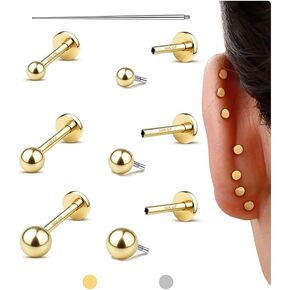 Flat Back Earrings Studs : 14K Gold Filled Titanium Surgical Steel Stud Earring Hypoallergenic for Women Men 18G Cartilage Helix Tragus Conch Piercing Jewelry Dainty Ball Earrings Set