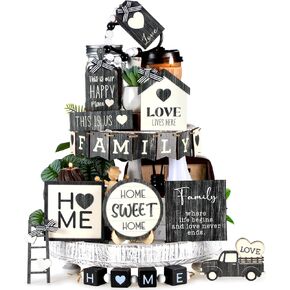 Mifoci 18 Pcs Farmhouse Tiered Tray Decor Home Wooden Signs Rustic Sweet Home Vintage House Tabletop Spring Summer Table Centerpiece Black White Car Wood Block for Kitchen Table Bar Housewarming