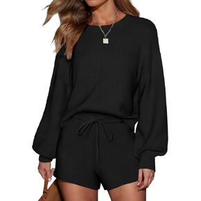 Ekouaer Womens 2 Piece Knit Sweatsuit Long Sleeve Tops and Shorts Pajamas Fashion Outfits Casual Lounge Set with Pockets in Kuwait