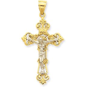 Diamond2Deal 14K White and Yellow Gold INRI Fleur De Lis Crucifix Pendant (L- 47 mm W- 23 mm)