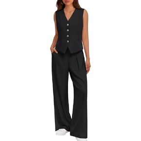 LILLUSORY Womens V Neck Twill Tailored Blazer Sleeveless Vest Two 2 Piece Set Wide Leg Pant Suit