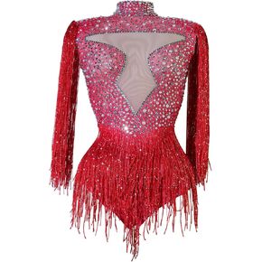 Tyian Blue Sparkly Rhinestons Pearl Fringe Bodysuit Party Birthday Performance Club Dance Dance Dance Queen Outfit