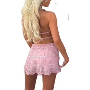 Y2k Mini Skirt Sets for Women Beach Vacation Lace Skirt and Backless Halter Tie Crop Tops Going Out 2 Piece Outfits