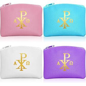 4 Pcs Rosary Pouch Catholic with Gold Cross PU Leather Rosary Case for Women and Men Coin Purses Holder Zipper Bag for Travel Christmas, 4 Colors (Classic Colors,Chi Rho)