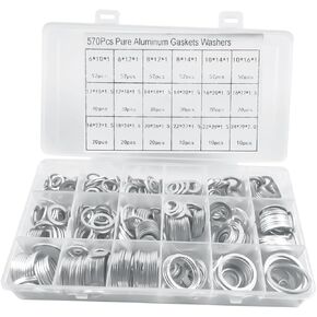 Mandark 570 PCS 18 Sizes Car Oil Crush Washers Assortment Kit, Aluminum Auto Engine Oil Drain Plug Gasket, Assorted Sizes M6 M8 M10 M12 M14 M16 M18 M20 M22 M24 for Vehicle Use, Universal Fit