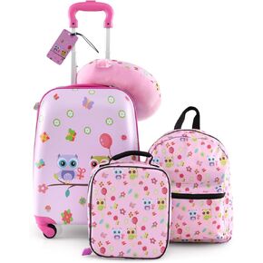 BABY JOY Kids Luggage, 5 Pieces Luggage Set w/ 16" Carry-on Hardshell Spinner Toddler Suitcase, 13" Backpack, Neck Pillow & Insulated Lunch Bag, Travel Kids Rolling Suitcase for Girls Boys (Pink Owl)