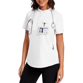 Medical Scrub Tops for Women Short Sleeve Scrub Shirts Button Down Mandarin Collar Nurse Unifroms with 4 Pockets