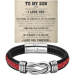 To My Son Infinity Knot Bracelet From Mom, Forever Linked Together Stainless Steel Braided Leather Inspirational Bracelets Engraved Love You Forever Birthday Gift Jewelry