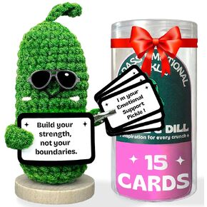 Positive Emotional Support Pickle Gift - Premium Handmade Crochet - 15 Swappable Motivational Cards and Print Your Own Custom Messages QR link – Gifts for women Funny Giftable for Pickle Lovers, Friends, Coworkers