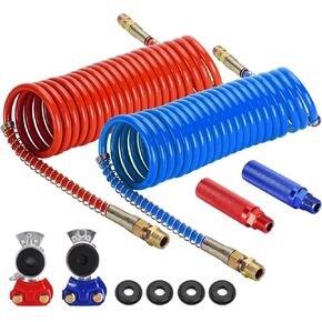 15Ft Coiled Air Line Brake Hoses Assembly and Accessory Kit 40" & 12" Pigtails Leads, Semi Truck Red Blue Coiled Air Brake Lines with Aluminum Glad Hands & Extension Handle Grips & Rubber Seals