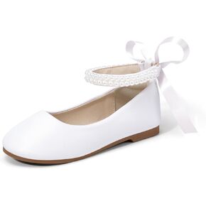 Hehainom Toddler Girls Dress Shoes Flower Girl Kids Mary Jane Ballet Flats Pearls Bow Wedding Party Shoes