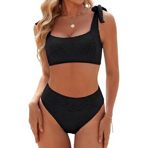 Blooming Jelly Womens High Waisted Bikini Set Tie Strap Jacquard Terry Cloth 2 Piece Swimsuit Modest Cute Retro Bathing Suit