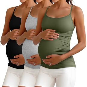 Ficerd 3 Pack Women's Maternity Tank Top Cotton Camisole with Adjustable Straps Comfort Tops Side Ruched Stretch Soft Shirts