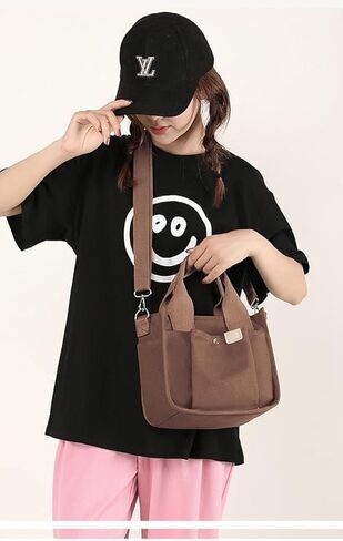 Small Canvas Tote Bag with Zipper, Canvas Multi-Pocket Crossbody Bag Purse Top Handle Satchel Handbags in Kuwait