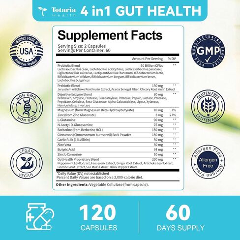 4-in-1 Gut Health Supplement with Probiotics, Prebiotics, Postbiotics & Digestive Enzymes for Women & Men, 60 Billion CFU Probiotics for Gut and Digestion, Strong Immunity, Skin (120 Capsules) in Kuwait