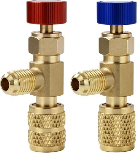 2Pcs Refrigerant Charging Valve Set, 1/4" & 5/16" Safety Adapter Flow Control Ball Valve, Brass Low Loss HVAC Fittings for R12 R22 R410 Air Conditioner Manifold Maintenance Tools in Kuwait