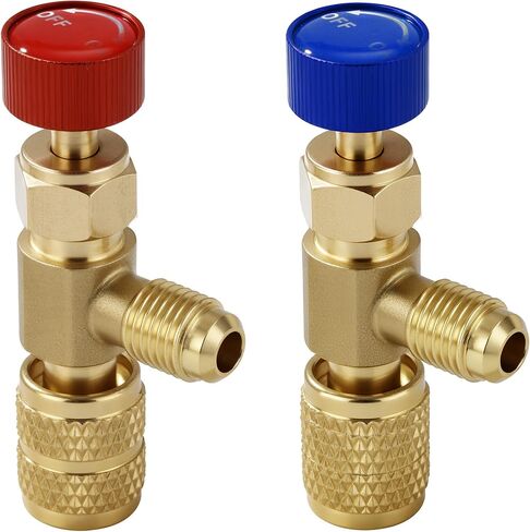 2Pcs Refrigerant Charging Valve Set, 1/4" & 5/16" Safety Adapter Flow Control Ball Valve, Brass Low Loss HVAC Fittings for R12 R22 R410 Air Conditioner Manifold Maintenance Tools in Kuwait