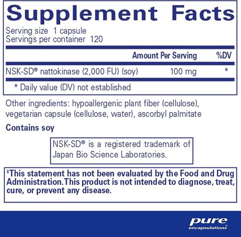 Pure Encapsulations NSK-SD - 100 mg Nattokinase - for Normal Blood Circulation - Supports Fibrinolytic Activity* - Gluten Free & Non-GMO - 60 Capsules in Kuwait