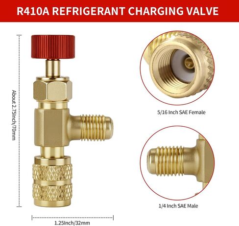 2Pcs Refrigerant Charging Valve Set, 1/4" & 5/16" Safety Adapter Flow Control Ball Valve, Brass Low Loss HVAC Fittings for R12 R22 R410 Air Conditioner Manifold Maintenance Tools in Kuwait