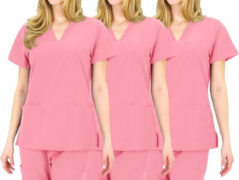 Scrub Tops for Women - 3 Pack - Curved Modern V-Neck Top with 7 Pockets - Soft Breathable Four Way Stretch in Saudi Arabia
