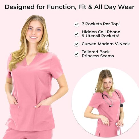 Scrub Tops for Women - 3 Pack - Curved Modern V-Neck Top with 7 Pockets - Soft Breathable Four Way Stretch in Saudi Arabia