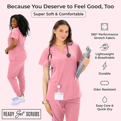 Scrub Tops for Women - 3 Pack - Curved Modern V-Neck Top with 7 Pockets - Soft Breathable Four Way Stretch in Saudi Arabia