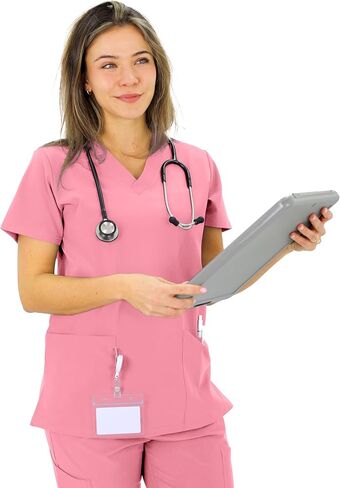 Scrub Tops for Women - 3 Pack - Curved Modern V-Neck Top with 7 Pockets - Soft Breathable Four Way Stretch in Saudi Arabia