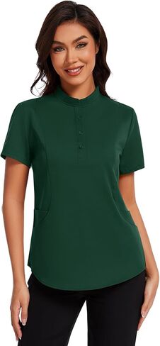 Scrubs for Women Short Sleeve Button Down Scrub Tops Mandarin Collar Comfort Fit Scrub Shirts with 4 Pockets in Saudi Arabia