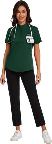 Scrubs for Women Short Sleeve Button Down Scrub Tops Mandarin Collar Comfort Fit Scrub Shirts with 4 Pockets in Saudi Arabia