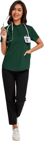 Scrubs for Women Short Sleeve Button Down Scrub Tops Mandarin Collar Comfort Fit Scrub Shirts with 4 Pockets in Saudi Arabia