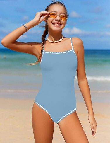 WIQI Girls Swimsuit One Piece Bathing Suit Color Contrast Trim Girls' Swimwear with Cover Up Skirt Size 9-16 in Saudi Arabia