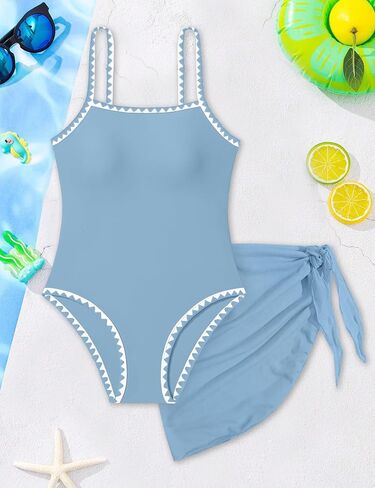WIQI Girls Swimsuit One Piece Bathing Suit Color Contrast Trim Girls' Swimwear with Cover Up Skirt Size 9-16 in Saudi Arabia
