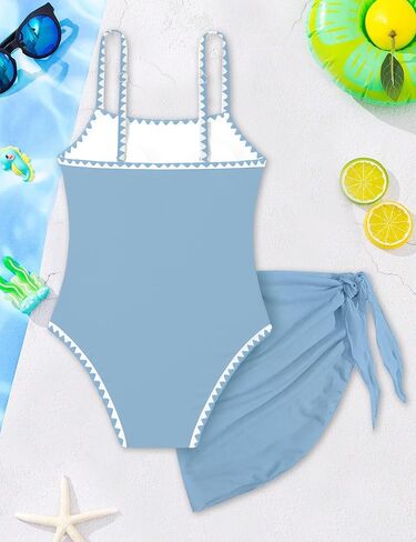 WIQI Girls Swimsuit One Piece Bathing Suit Color Contrast Trim Girls' Swimwear with Cover Up Skirt Size 9-16 in Saudi Arabia