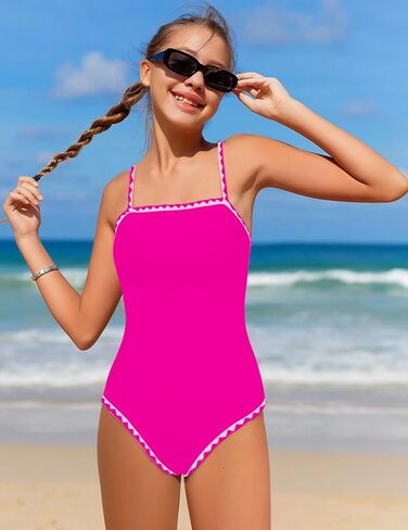 WIQI Girls Swimsuit One Piece Bathing Suit Color Contrast Trim Girls' Swimwear with Cover Up Skirt Size 9-16 in Saudi Arabia