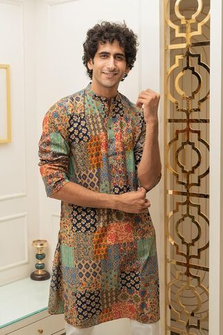 Shasak The Patchwork Multicolour Foil Print Long Kurta in Saudi Arabia