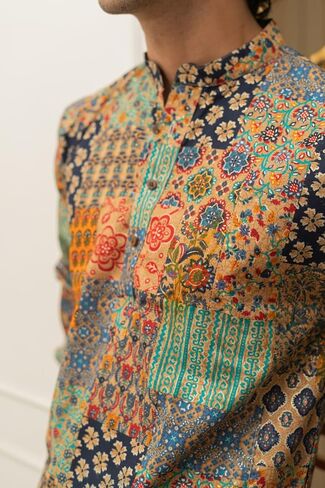Shasak The Patchwork Multicolour Foil Print Long Kurta in Saudi Arabia