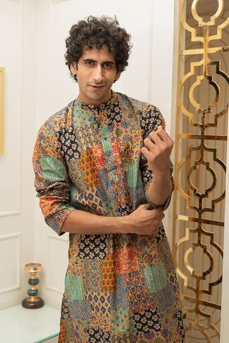 Shasak The Patchwork Multicolour Foil Print Long Kurta in Saudi Arabia