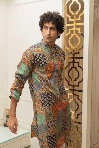 Shasak The Patchwork Multicolour Foil Print Long Kurta in Saudi Arabia