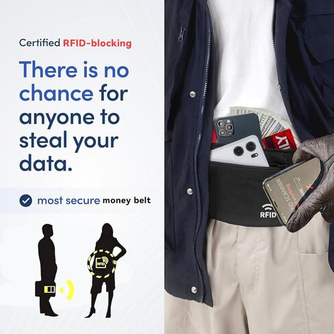 Travel Money Belt for Men and Women hidden slim passport holder - travel wallet with RFID blocking under clothes to protect Cash, Credit Cards and Documents (BLACK) in Kuwait