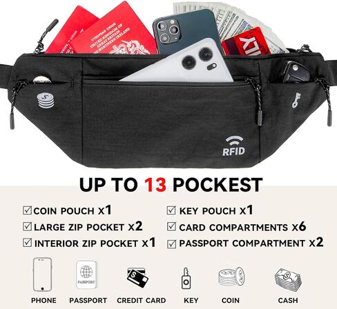 Travel Money Belt for Men and Women hidden slim passport holder - travel wallet with RFID blocking under clothes to protect Cash, Credit Cards and Documents (BLACK) in Kuwait