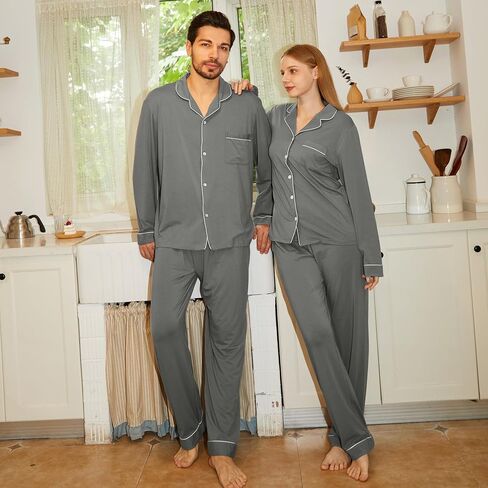 BAMBOO COOL Mens Pajama Set Classic Button Down Sleepwear Soft Long Sleeve Pajamas for Men Lounge Pj Sets with Pockets 2Pcs in Saudi Arabia