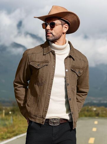 Men's Denim Jacket with Flannel Lined Jean Jackets for Winter Vintage Cowboy Cut Snap Closure Classic Heavy Duty Jacket Trucker Coat in Saudi Arabia