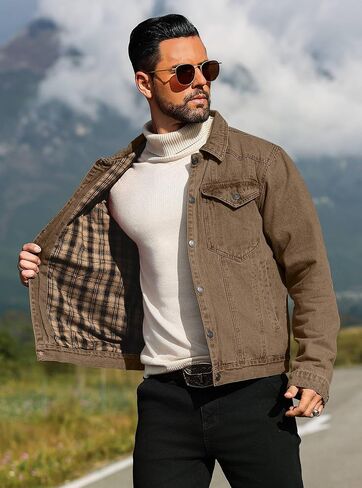 Men's Denim Jacket with Flannel Lined Jean Jackets for Winter Vintage Cowboy Cut Snap Closure Classic Heavy Duty Jacket Trucker Coat in Saudi Arabia