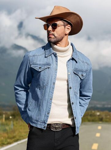 Men's Denim Jacket with Flannel Lined Jean Jackets for Winter Vintage Cowboy Cut Snap Closure Classic Heavy Duty Jacket Trucker Coat in Saudi Arabia