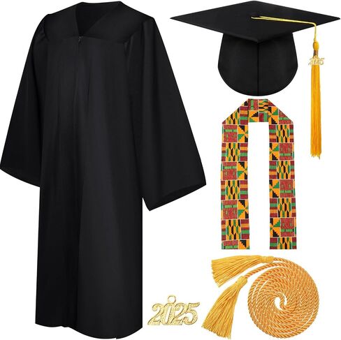 Syhood 7 Pcs 2025 Unisex Black Graduation Matte Gown Cap Tassel African Kente Mexican Stole Set Honor Cord for Black Girl Boy in Saudi Arabia