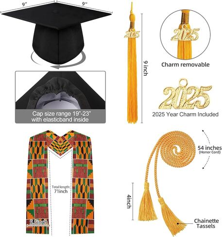 Syhood 7 Pcs 2025 Unisex Black Graduation Matte Gown Cap Tassel African Kente Mexican Stole Set Honor Cord for Black Girl Boy in Saudi Arabia