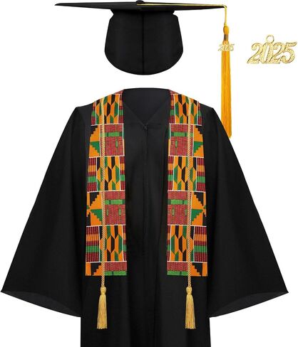 Syhood 7 Pcs 2025 Unisex Black Graduation Matte Gown Cap Tassel African Kente Mexican Stole Set Honor Cord for Black Girl Boy in Saudi Arabia