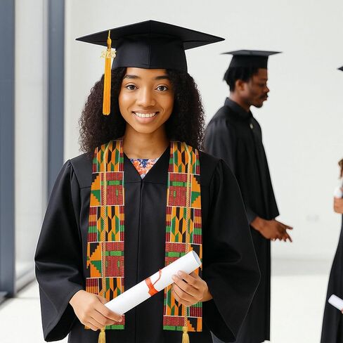 Syhood 7 Pcs 2025 Unisex Black Graduation Matte Gown Cap Tassel African Kente Mexican Stole Set Honor Cord for Black Girl Boy in Saudi Arabia