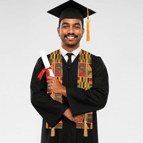 Syhood 7 Pcs 2025 Unisex Black Graduation Matte Gown Cap Tassel African Kente Mexican Stole Set Honor Cord for Black Girl Boy in Saudi Arabia